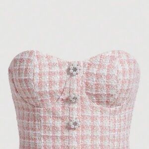 Pink Tweed Strapless Bustier with Pearl Buttons